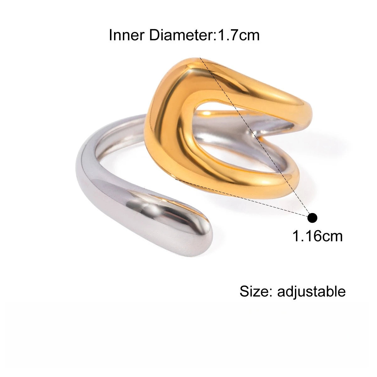Adjustable two-tone heart ring with gold inner and silver outer band