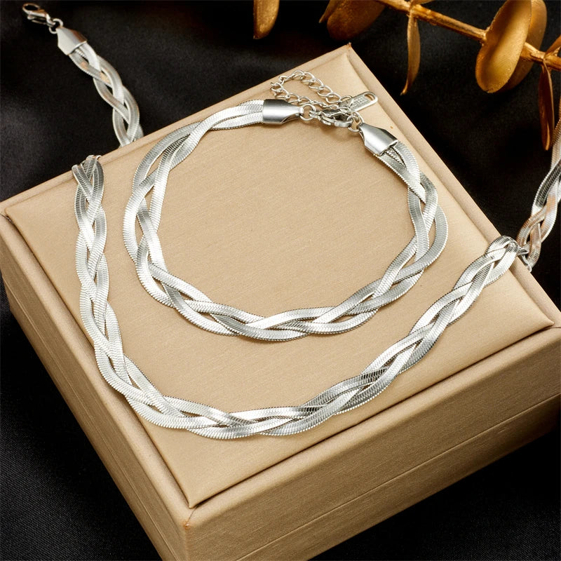 Silver snake-chain necklace and bracelet set, layered twisted links with clasp hardware