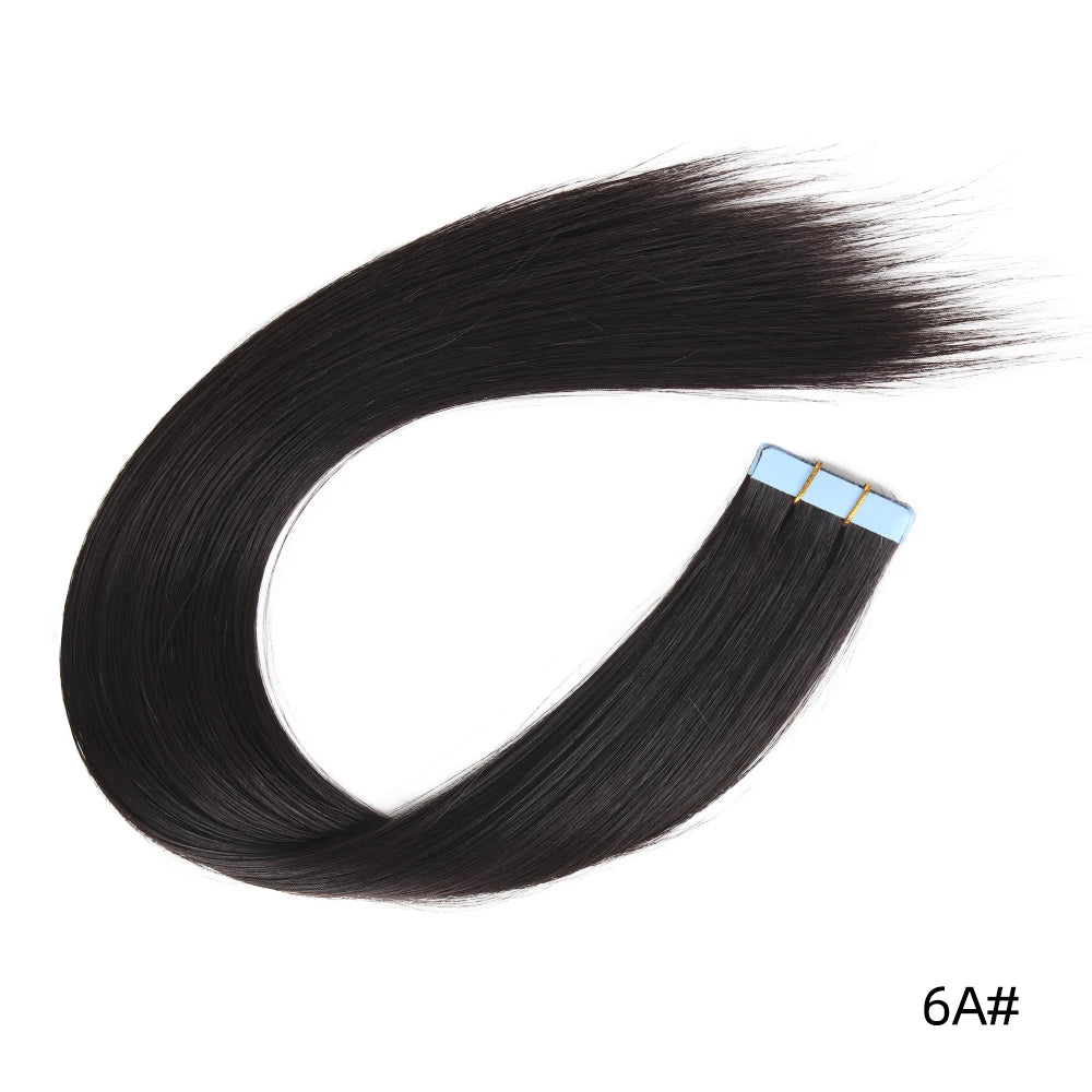 Synthetic straight tape-in hair extension strand with blue tape ends, color 6A#