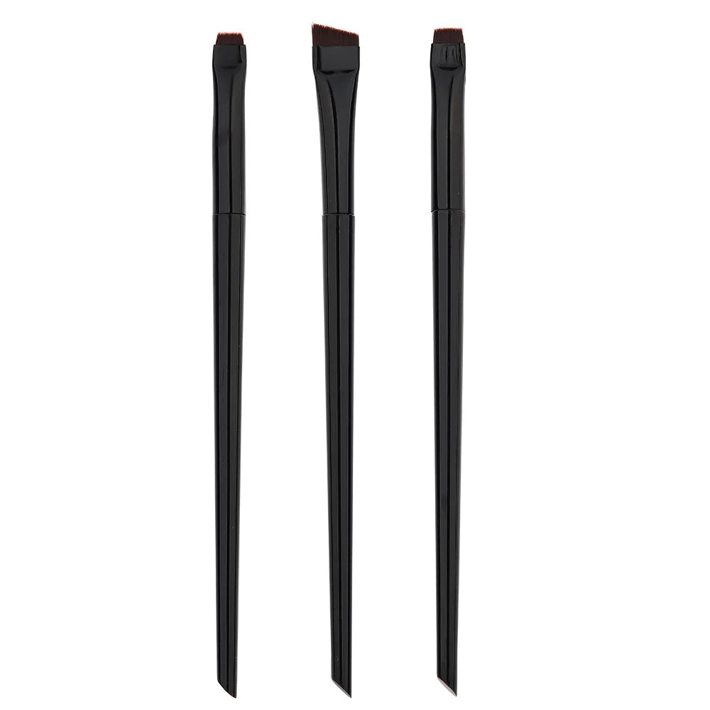 Eyeliner & eyebrow brush set with three brushes, all-black handles and dark bristles