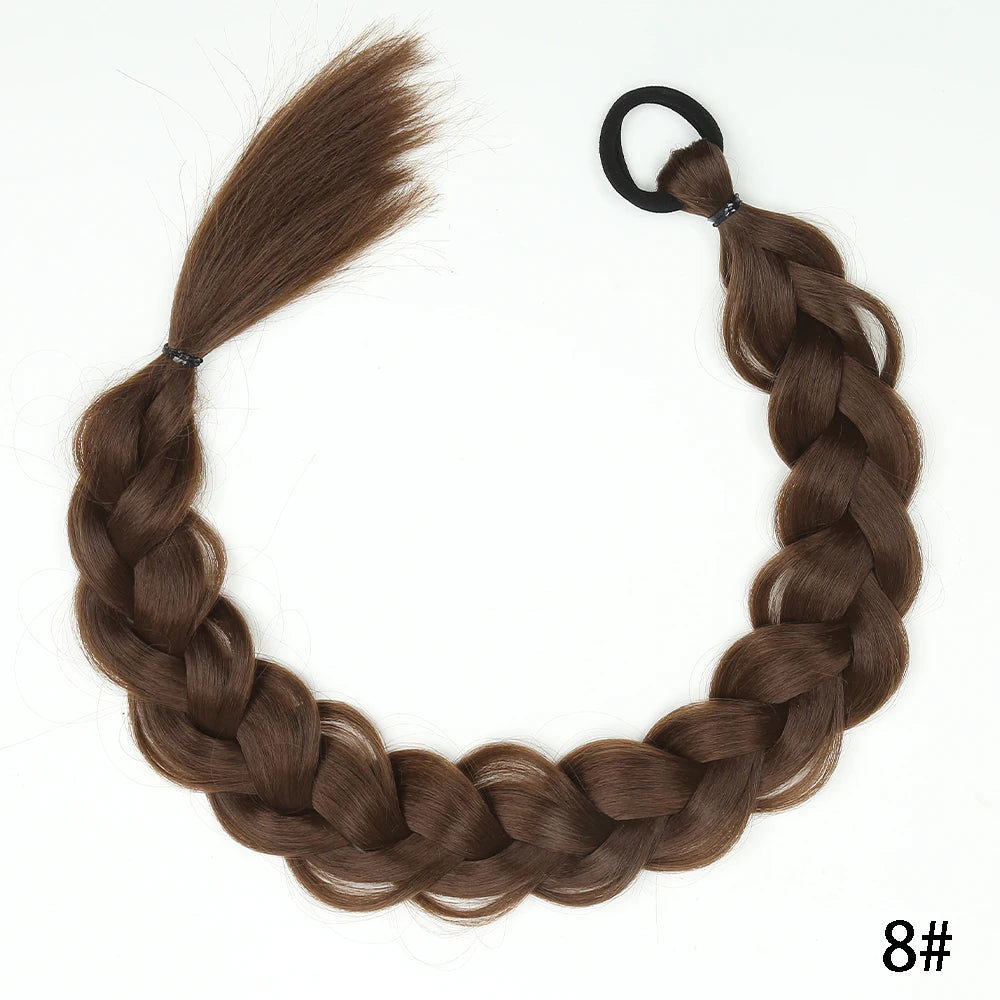 Medium brown braided ponytail extension, synthetic twist with looped top tie.