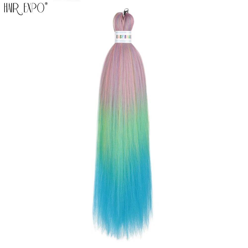 Synthetic braiding hair extension bundle, pink to blue ombre with green midsection