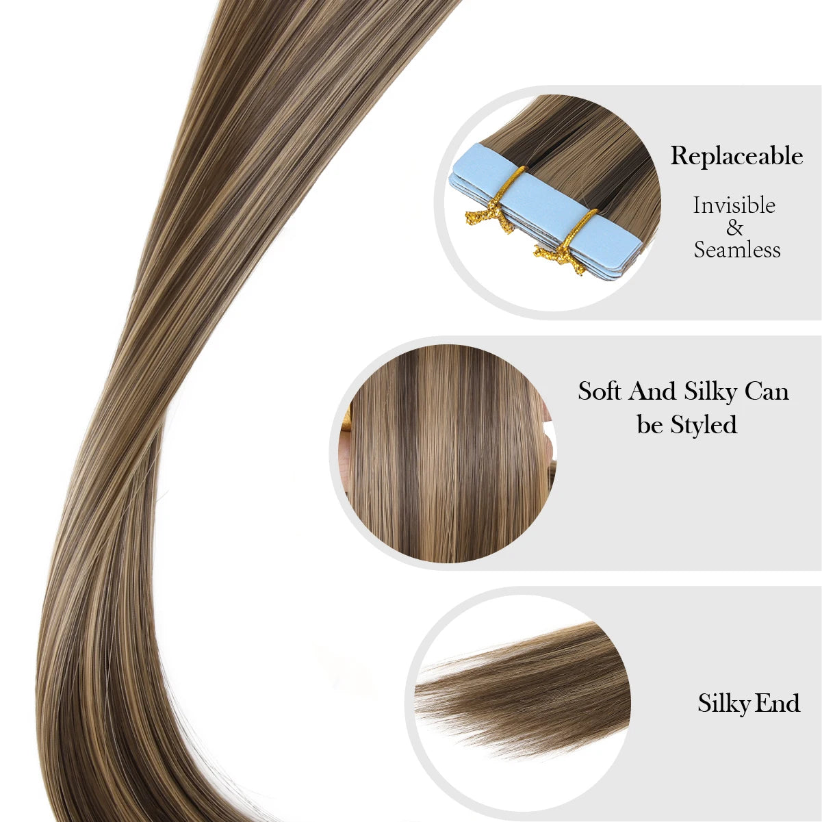 Light brown and blonde synthetic straight tape-in hair extension bundle with blue tape tabs