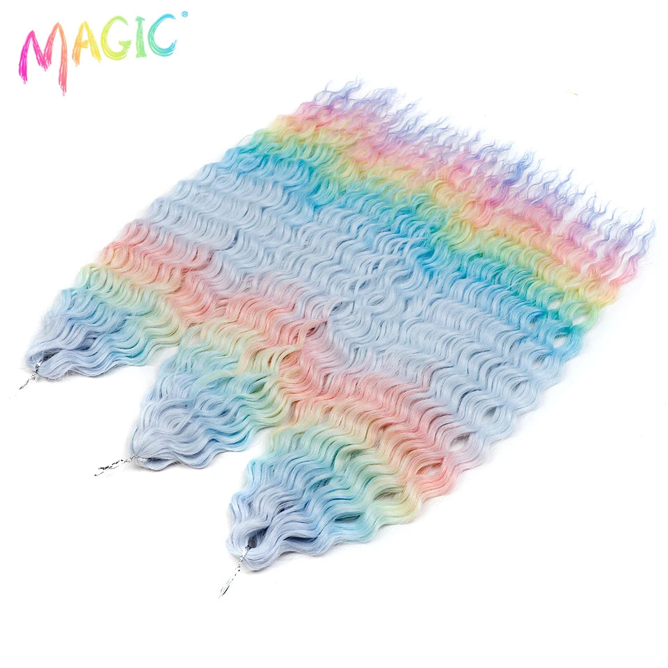 Synthetic water wave crochet braid hair, blue with pastel rainbow ombre ends