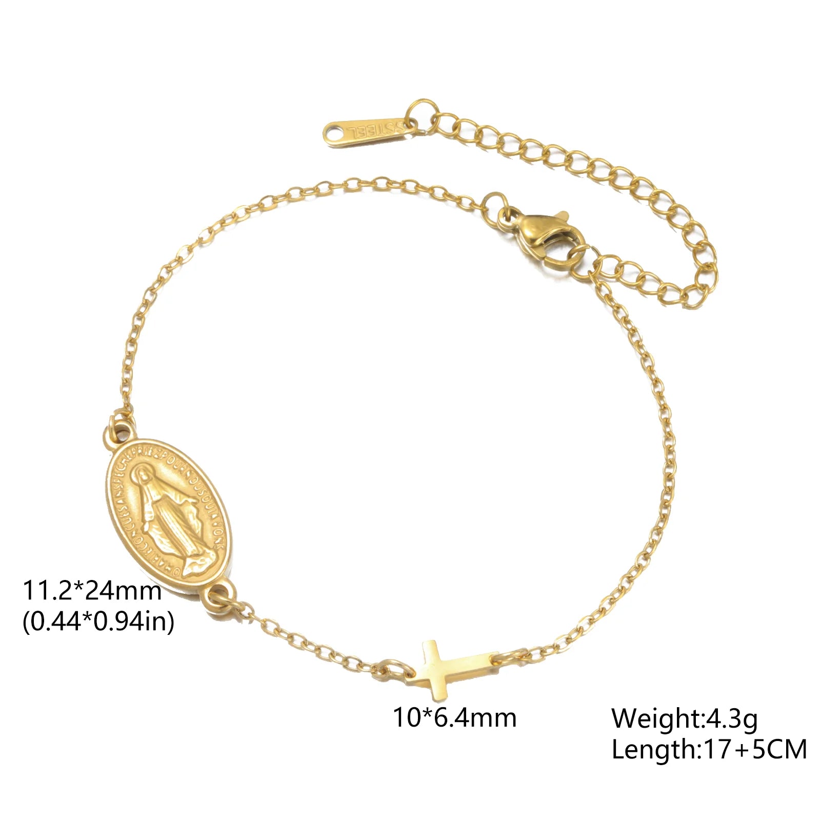Gold-tone Virgin Mary bracelet with oval medal pendant and cross charm on chain