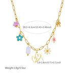 Gold enamel pendant necklace with heart, daisy flower, and colorful butterfly charms