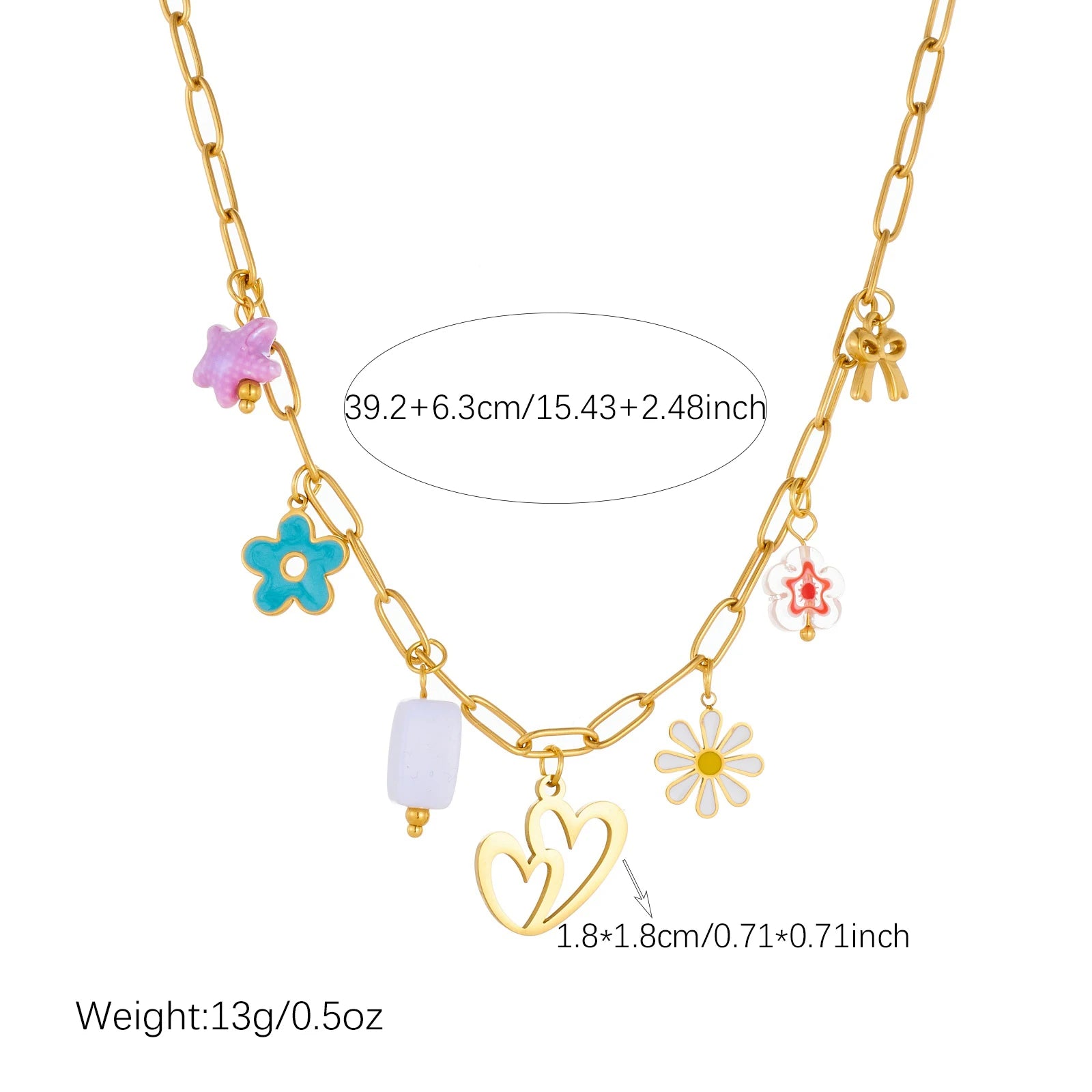 Gold enamel pendant necklace with heart, daisy flower, and colorful butterfly charms