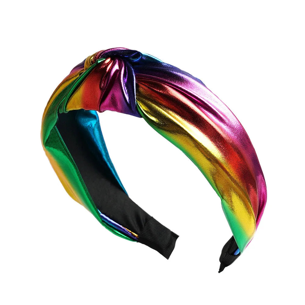 Wide PU leather headband in rainbow metallic with twisted knot top and elastic ends