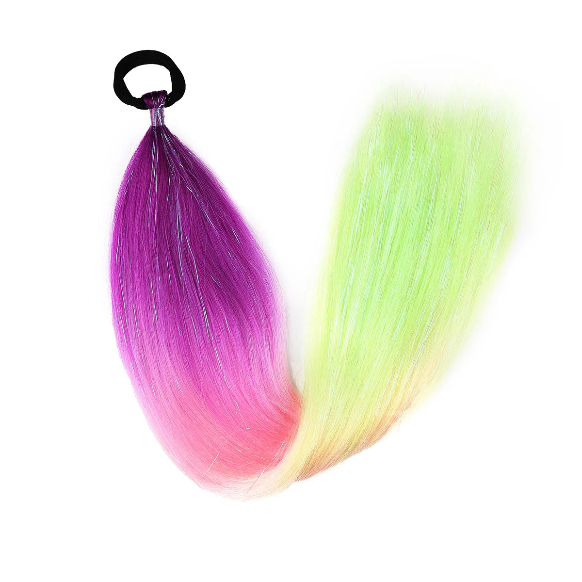 Ombre braid ponytail hair tinsel, synthetic; purple to lime green gradient with top loop