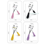Eyelash curler tool size diagram with pink, black, yellow, and purple handles