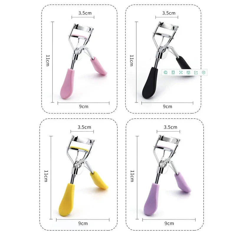 Eyelash curler tool size diagram with pink, black, yellow, and purple handles