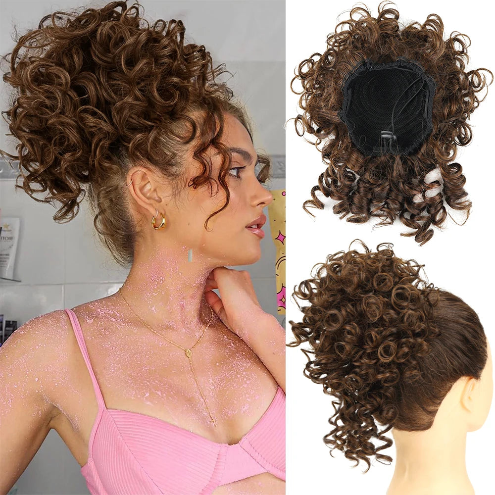Drawstring messy bun hair piece, medium brown curly loose-wave bun with inner cap