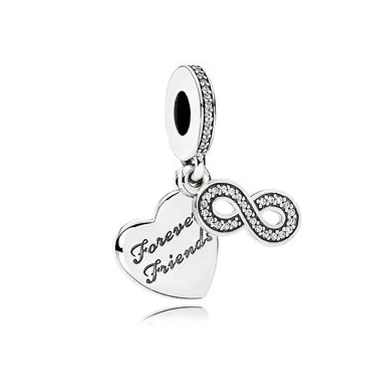 Sterling silver heart charm bead with “Forever Friends” engraving and infinity motif