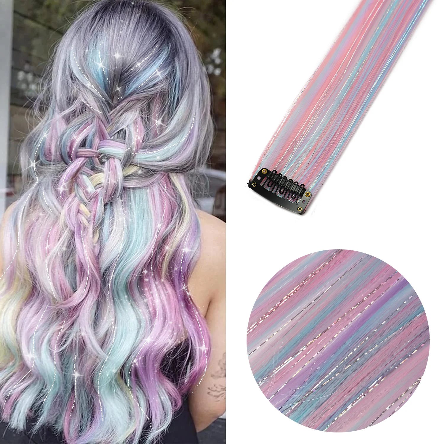 Pastel rainbow clip-in hair highlight set with six long straight strands
