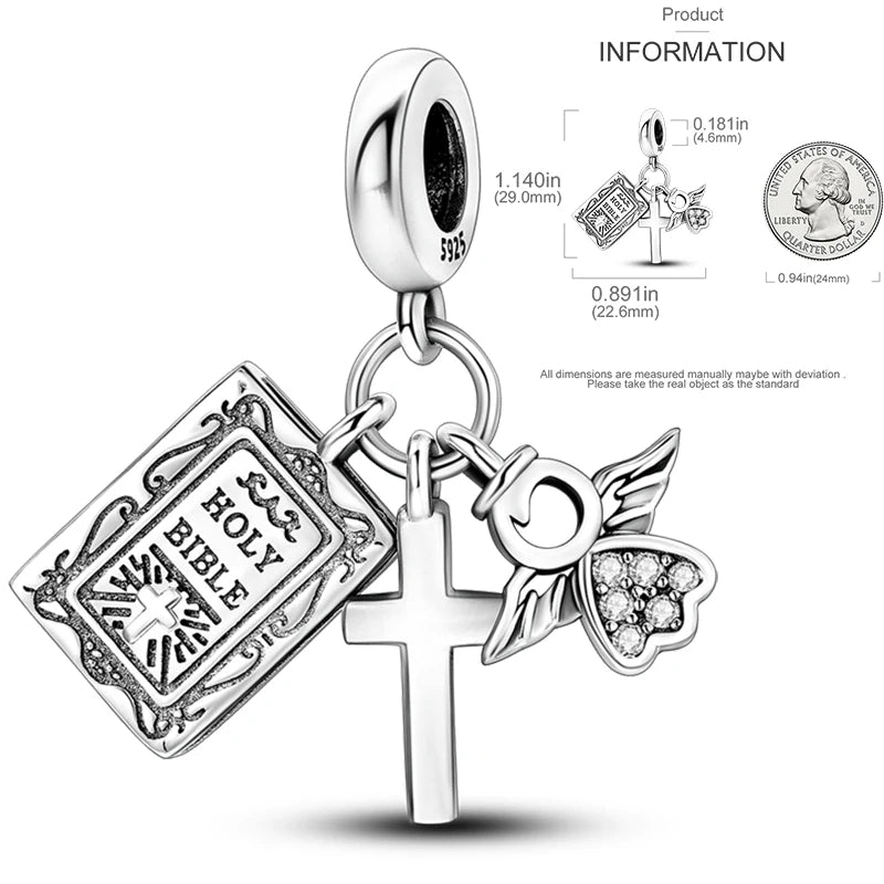 Sterling silver charm with open Bible plaque, heart, and cross pendant