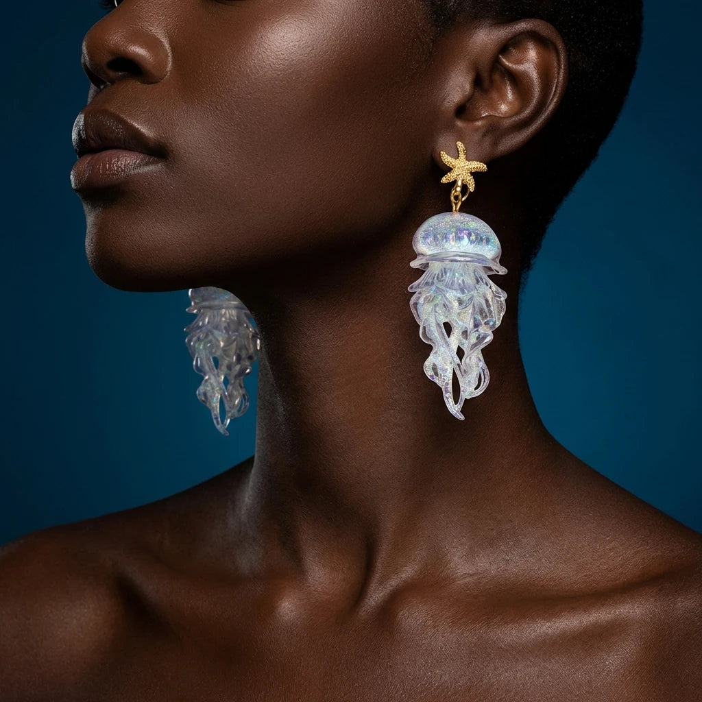 Jellyfish drop earrings with gold starfish tops and translucent light-blue jelly charms.