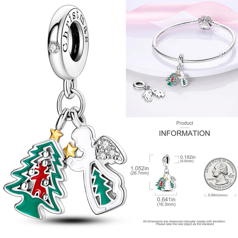 Sterling silver holiday tree and bell charm with multicolor enamel details