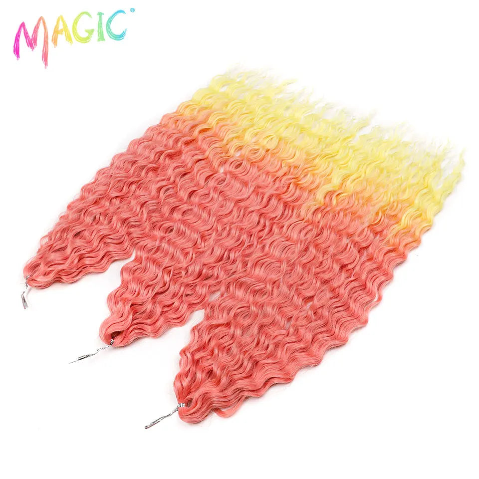 Synthetic water-wave crochet braids with coral-to-yellow ombre wavy curls