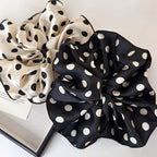Cotton polka-dot scrunchie set on box: cream and black with contrasting dots