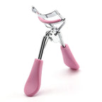 Eyelash curler tool with mauve/purple silicone handles and chrome curler frame