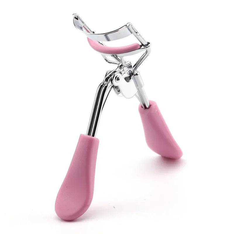 Eyelash curler tool with mauve/purple silicone handles and chrome curler frame