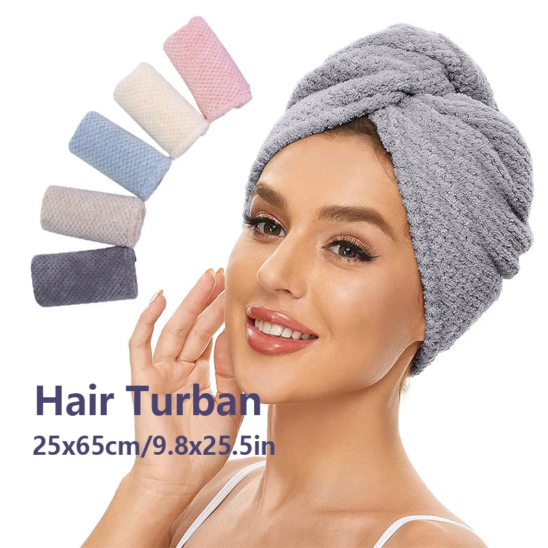 Grey absorbent hair towel wrap with rolled turban top and textured microfiber weave