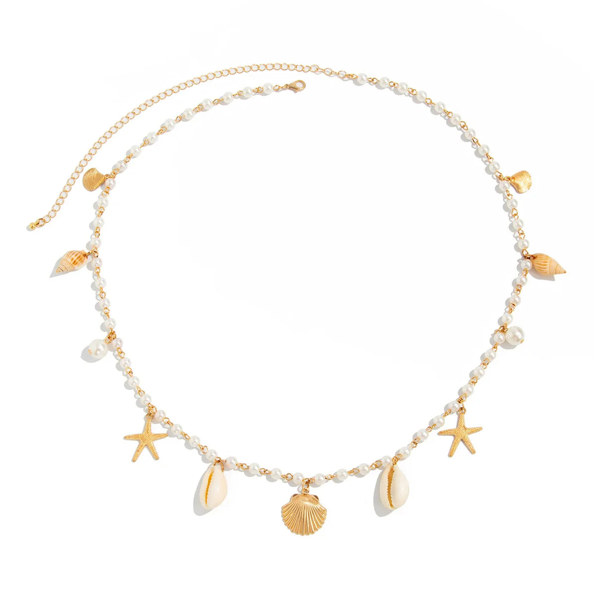 Pearl belly chain with cowrie shells and starfish charms, gold-tone beads