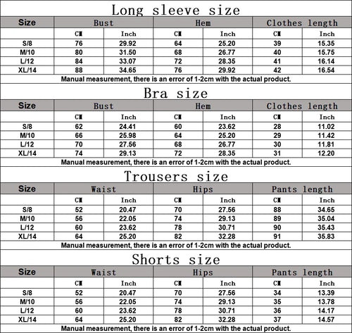 Size chart table listing long sleeve, bra, trousers, and shorts measurements
