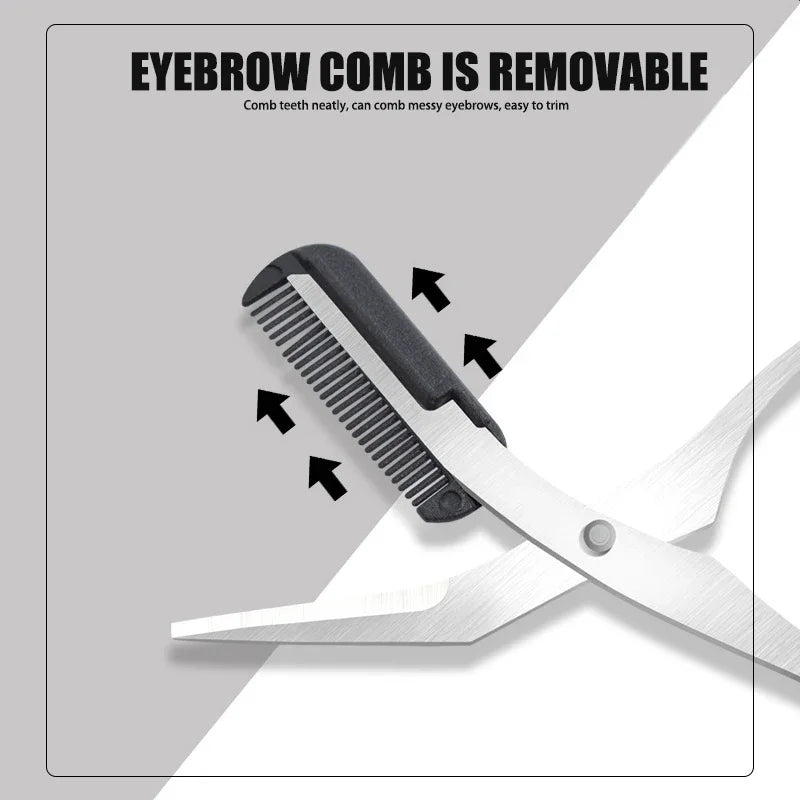 Eyebrow comb with scissors, removable comb attachment on black head