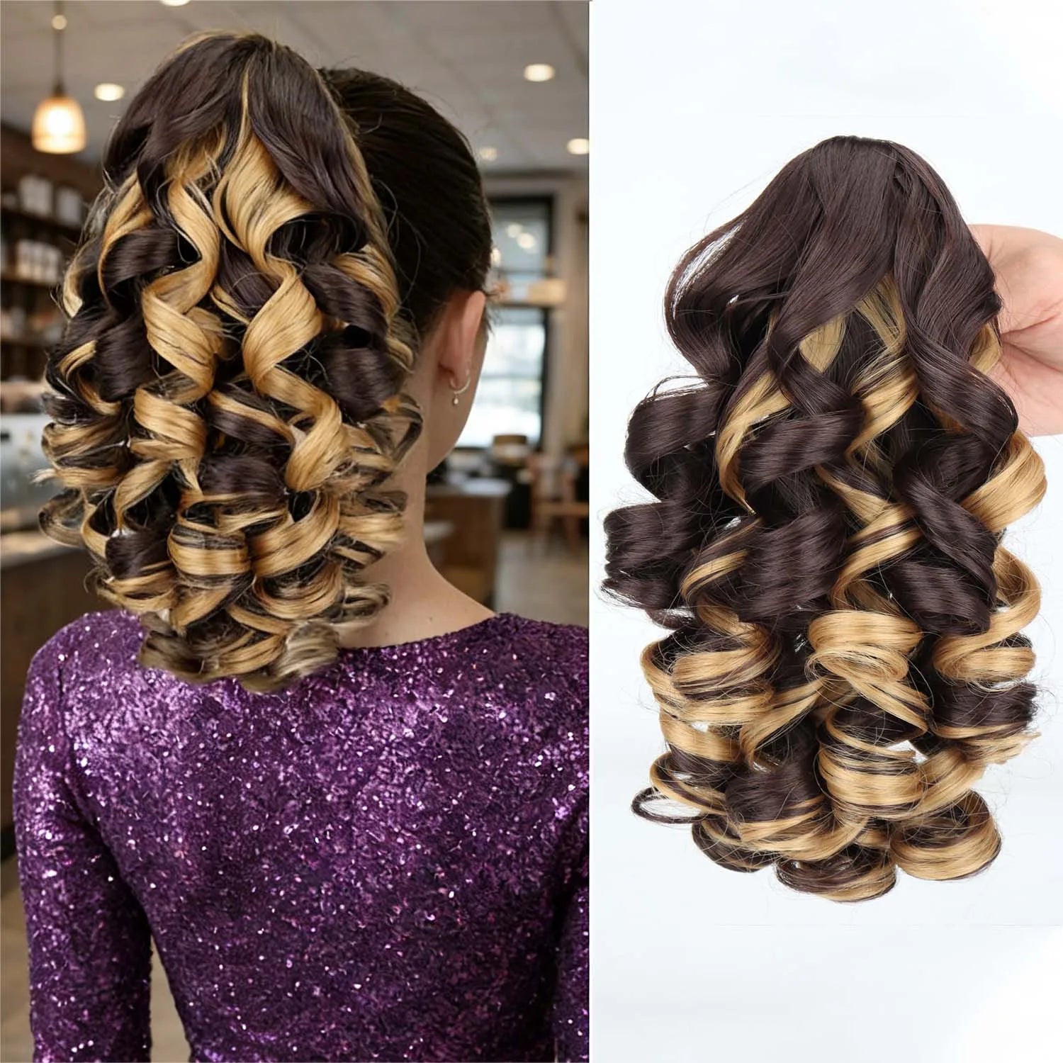 Claw clip ponytail extension with synthetic wavy curls, dark brown with blonde highlights