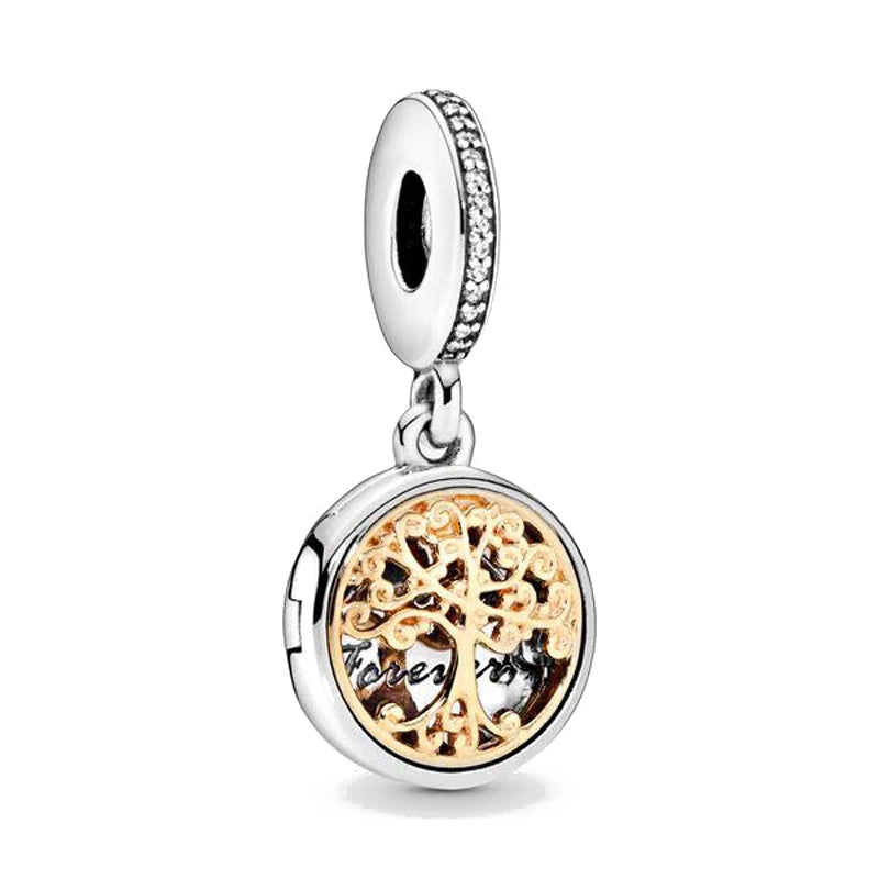 Sterling silver round charm bead with rhinestone rim and tree design on locket