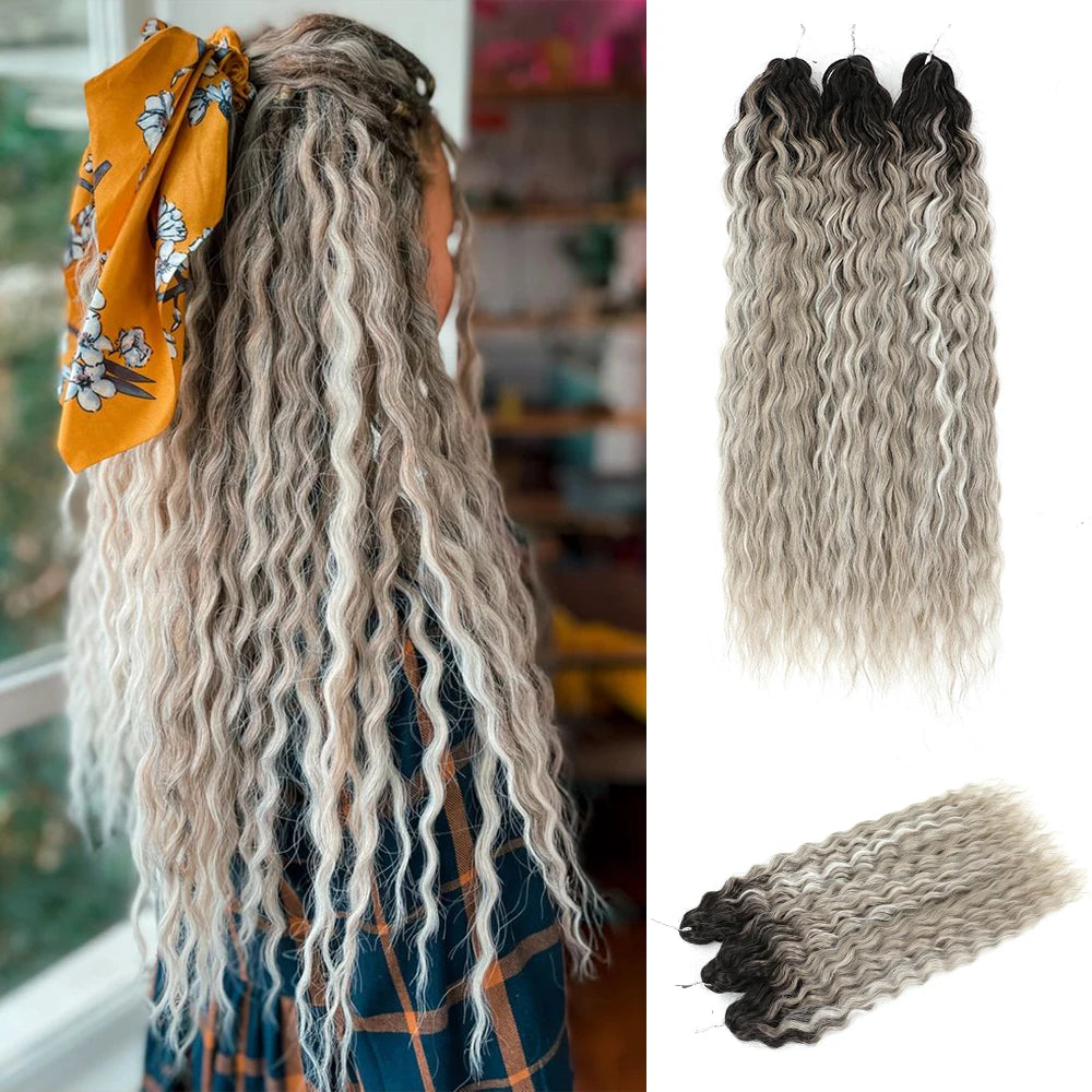 Ombre water-wave hair extensions with dark roots and light gray ends