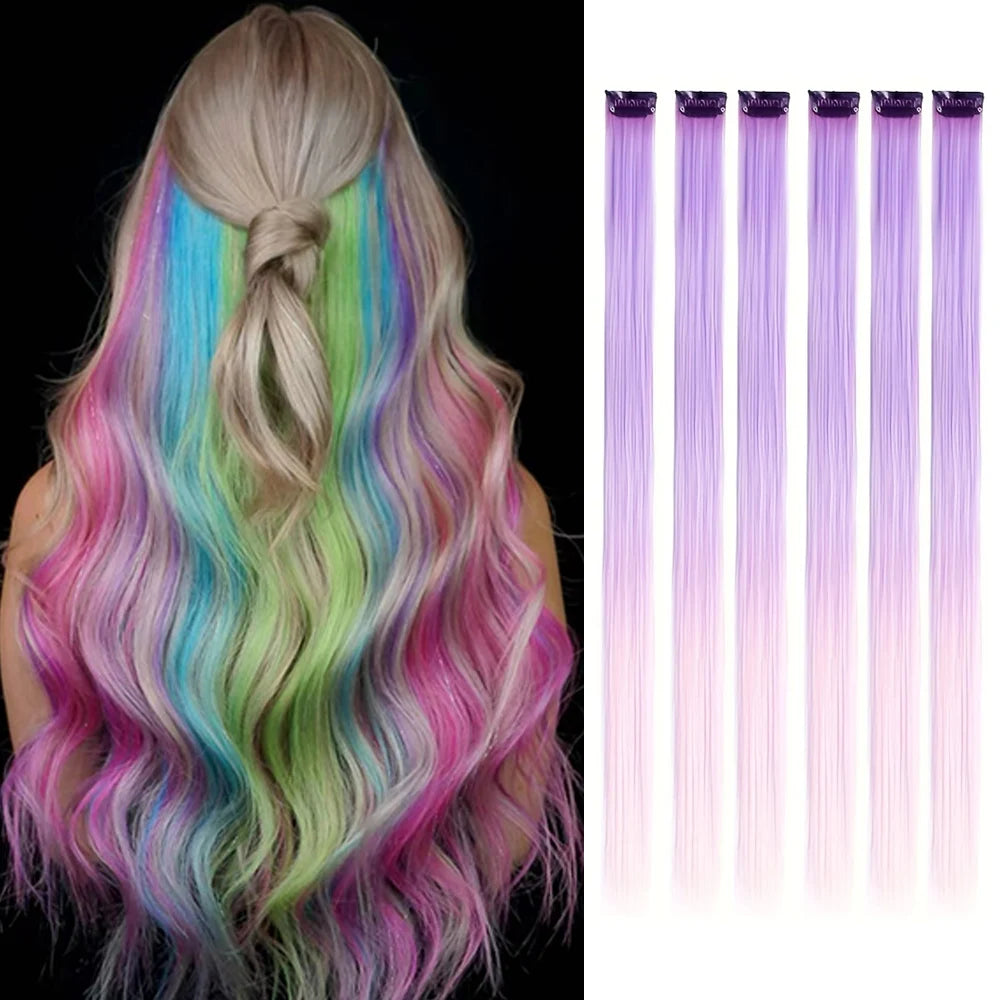 Clip-in synthetic hair highlights with pastel rainbow strands and comb clips