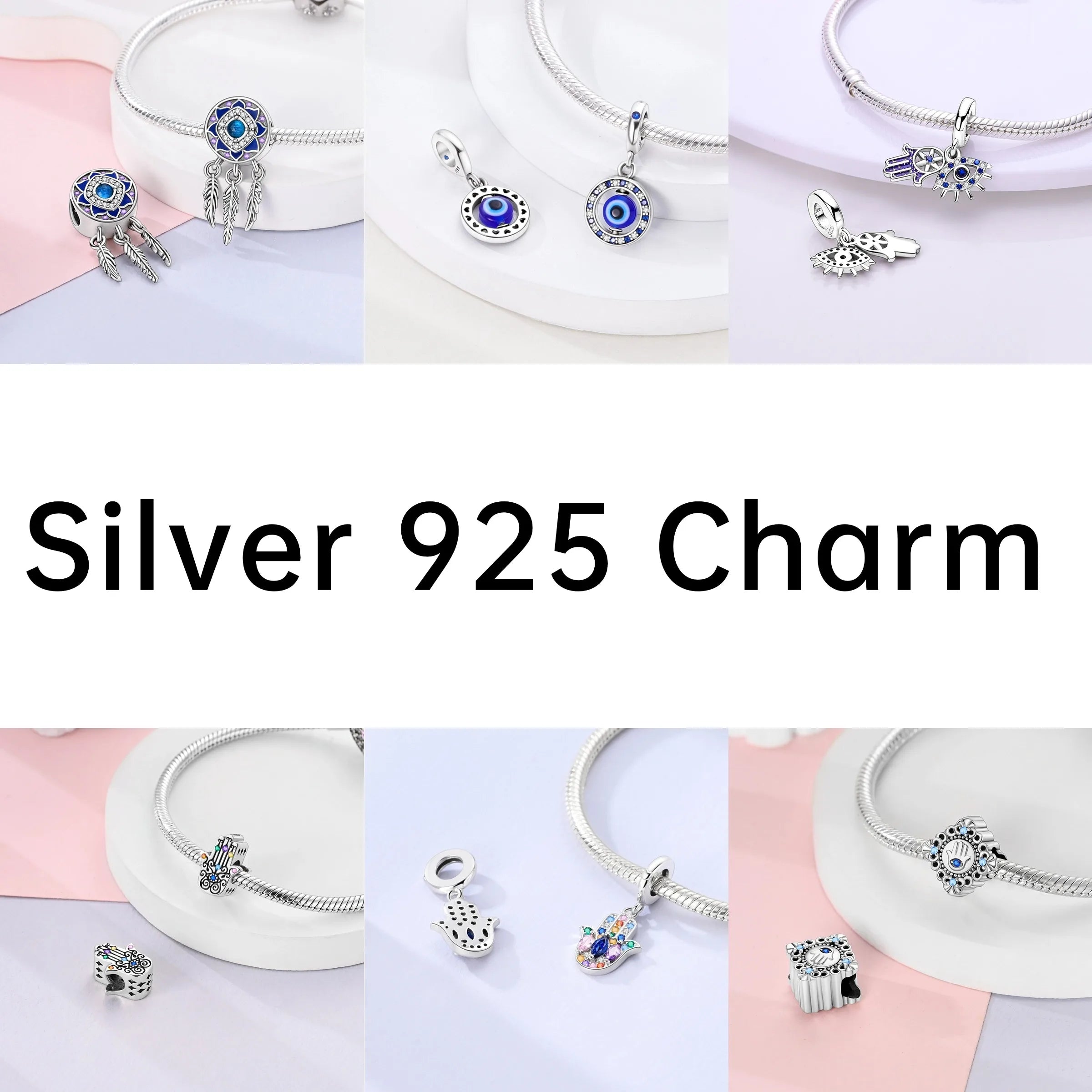 925 sterling silver evil eye charm bead and small charms on a silver bead bracelet