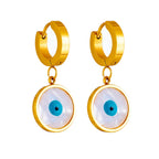 Gold hoop earrings with blue evil-eye circle charm