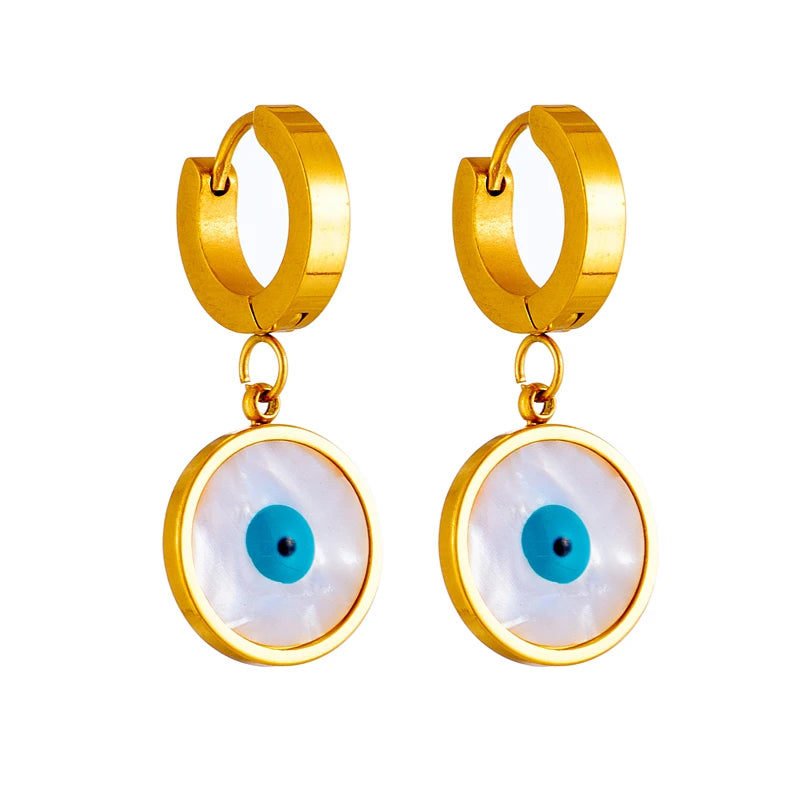 Gold hoop earrings with blue evil-eye circle charm