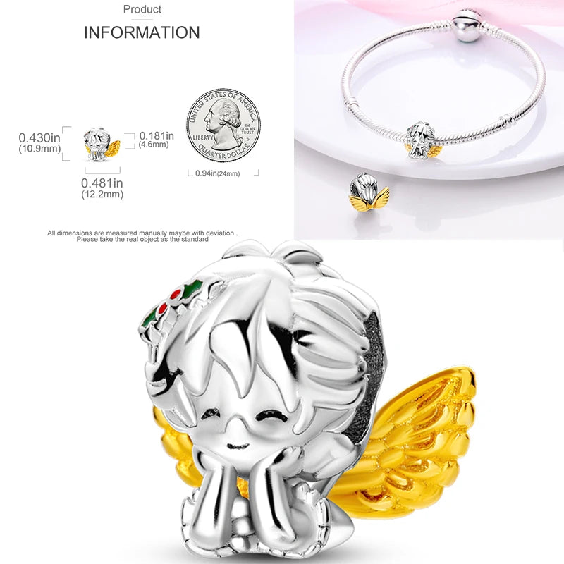 925 sterling silver charm bead with golden-and-blue angel figure detail