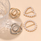 Heart-shaped scarf brooch clip with faux pearls and rhinestone border, gold-tone