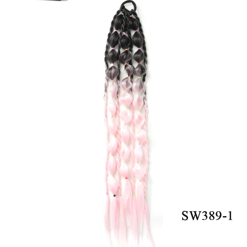 Bubble braid ponytail extension with dark roots fading to pink ombre, elastic loop.