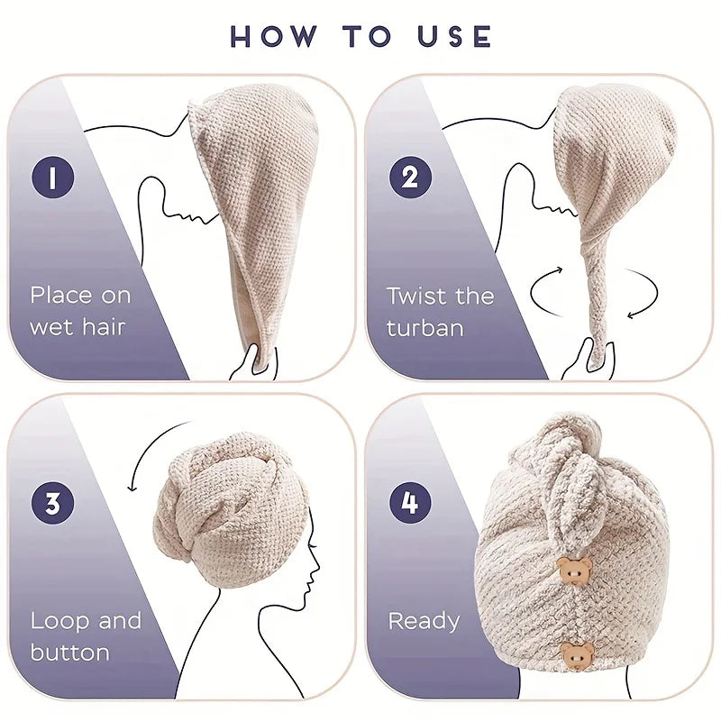 Beige hair towel wrap shown in use diagrams, twist and loop-and-button closure
