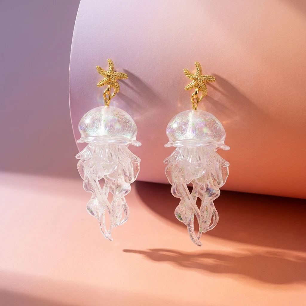 Pair of gold starfish pendant jellyfish earrings with clear translucent jelly charms.