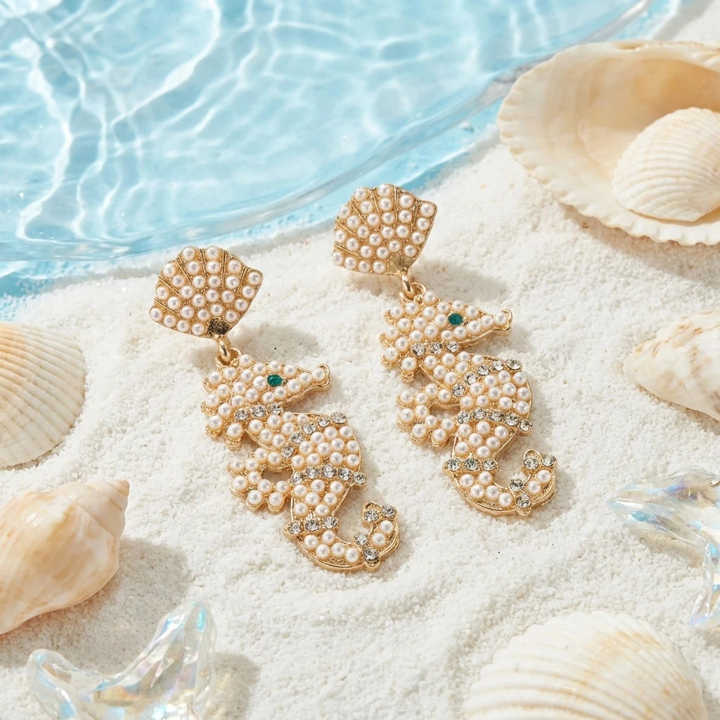 Gold-tone pearl shell earrings with green stone accents and seahorse charms