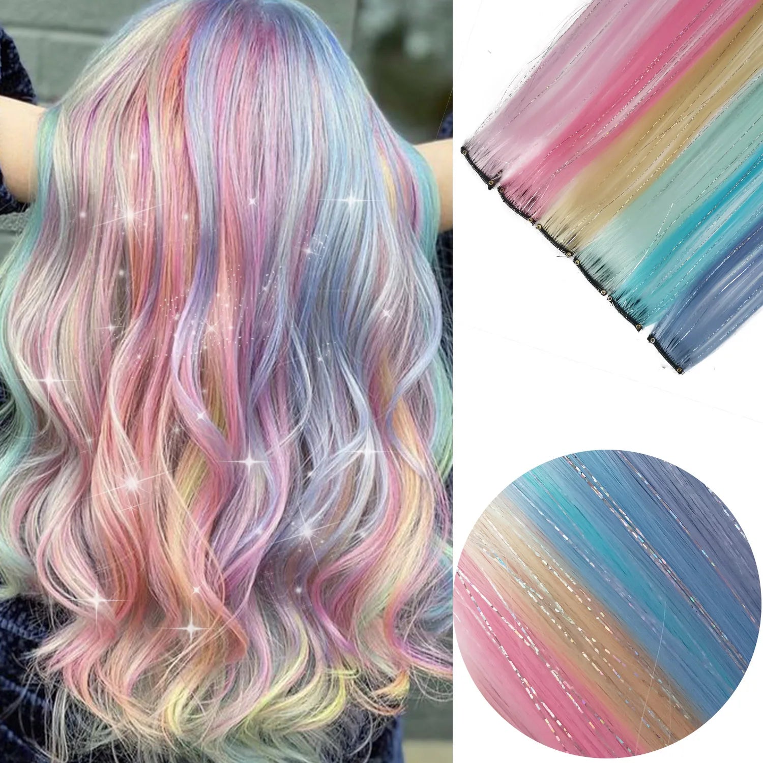 Rainbow clip-in hair tinsel extensions with pastel pink, blue, lilac, and mint strands