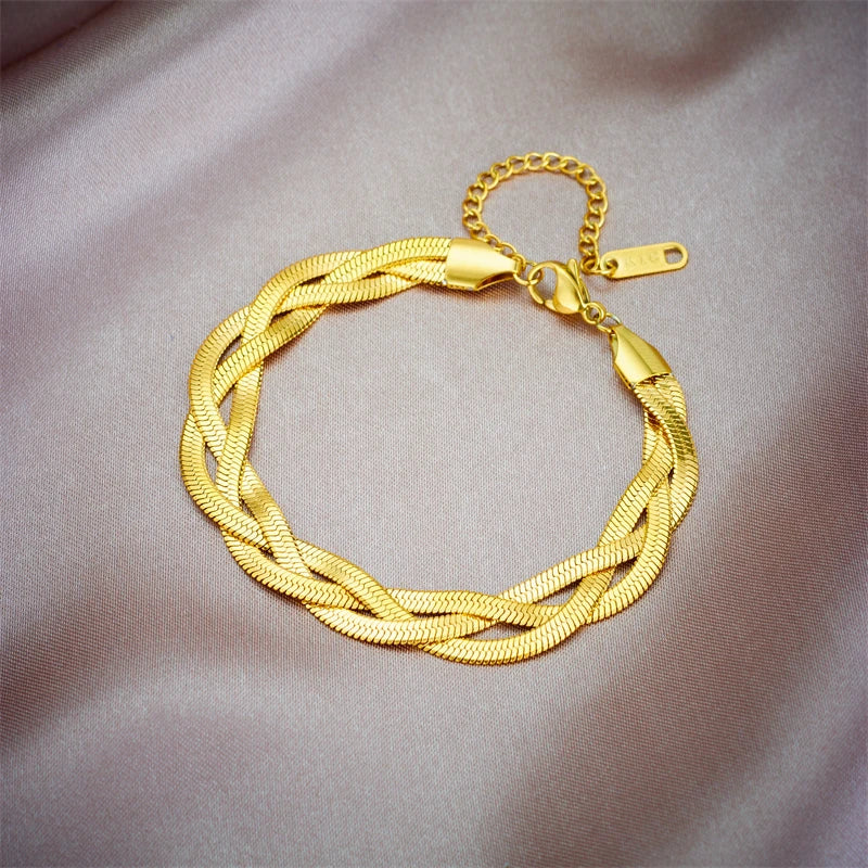 Gold snake chain necklace and bracelet set with toggle clasp and small charm links