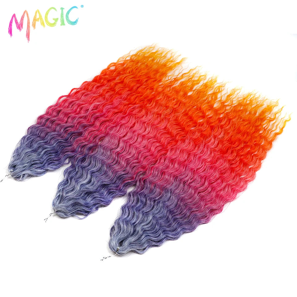 Water-wave crochet braids bundle with orange-to-magenta-to-blue ombre