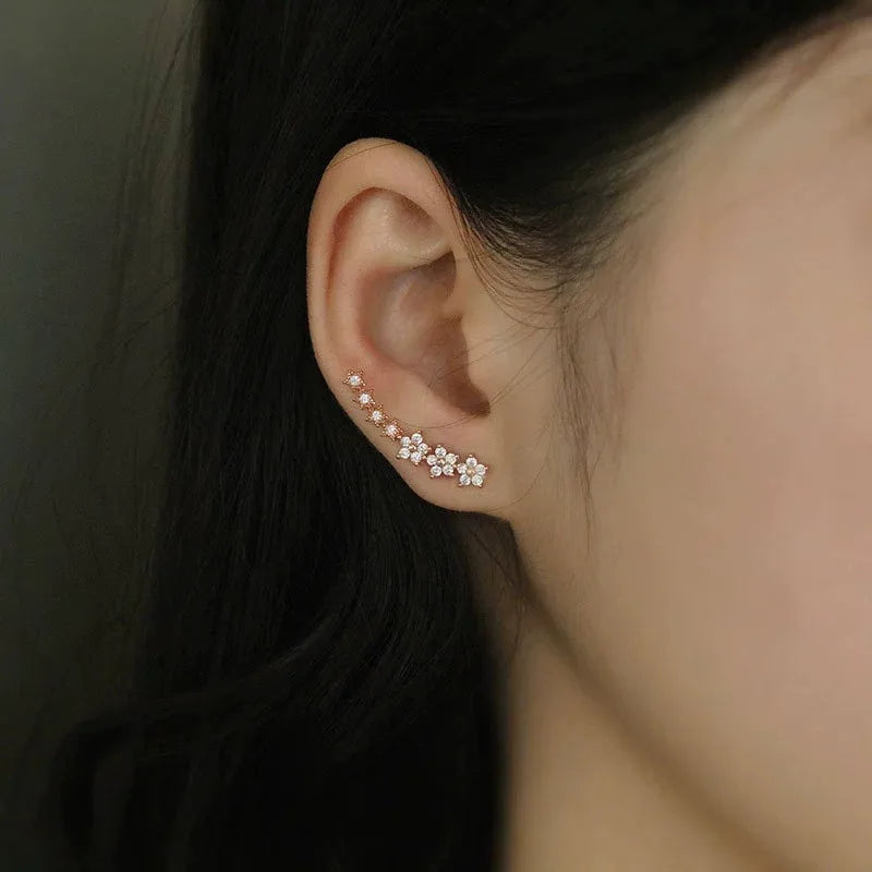 Daisy rhinestone ear climber earrings with small silver daisy clusters