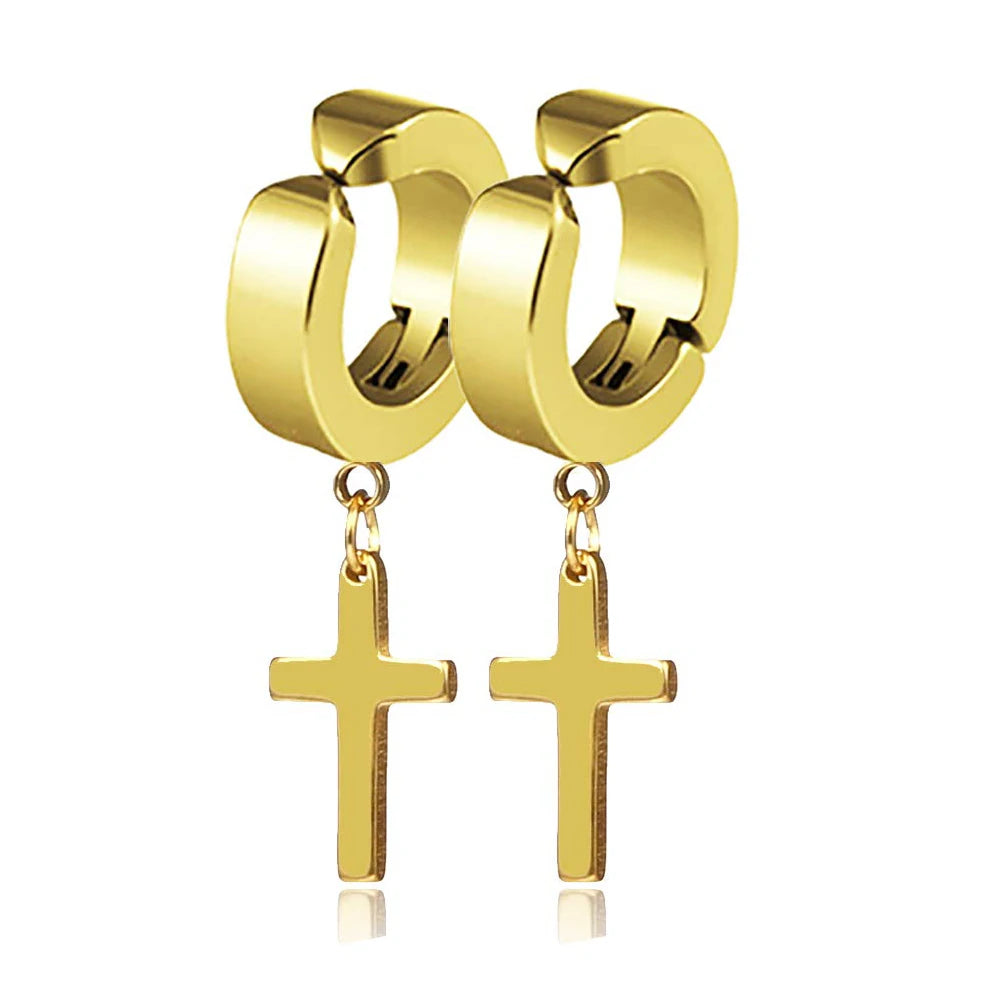 Gold hoop ear clips with dangling cross charms, set of two