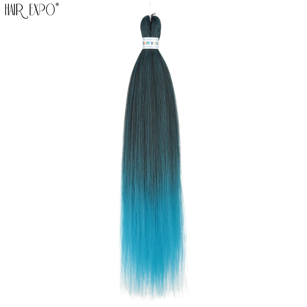 Synthetic hair extension bundle with dark teal roots and bright blue ombré braiding strands