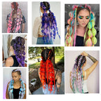 Bubble braid ponytail extensions in multiple ombre colors, including purple, pink, and blue.
