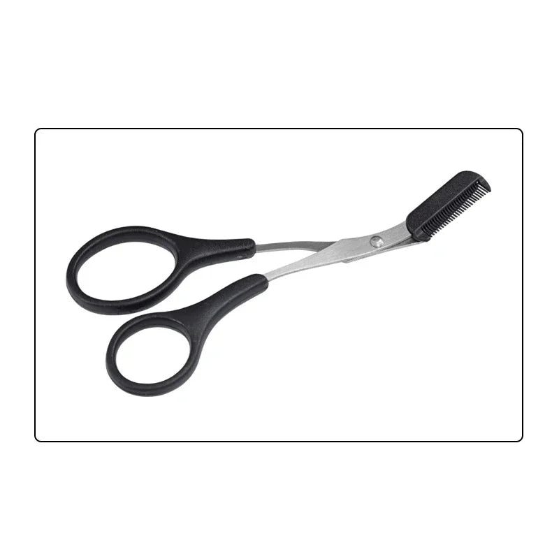 Eyebrow scissors with comb, black handle with black comb and silver blades